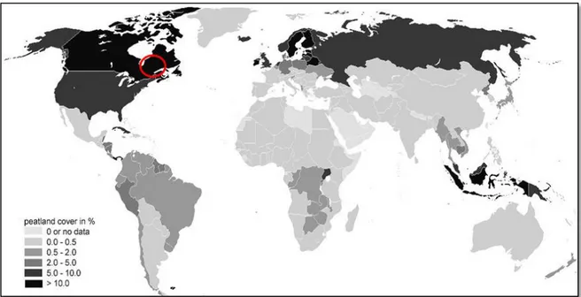 Figure 2 : Carte du pourcentage de la superficie des tourbières par pays  (tirée de (Clarke et al,.2002))