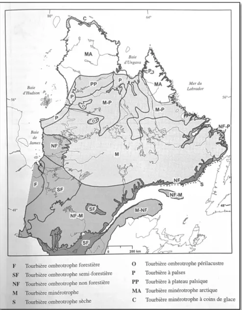 Figure 4 : Carte de répartition des principaux types de tourbières au Québec-Labrador (tirée de  Payette et Rochefort, 2001)