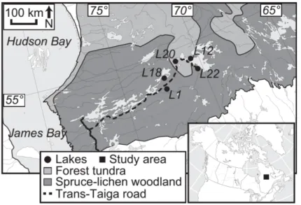 Figure 3.1 Lacs du réseau de dendroséries millénaires de Gennaretti et al. (2013, 2014) 