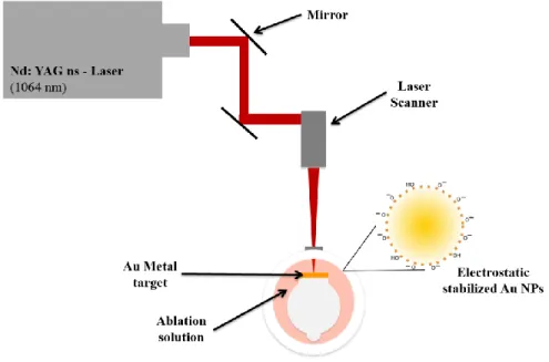 Figure 3.2 Schematic of the set-up used for the synthesis of Au NPs using a ns-laser with a wavelength of  1064 nm