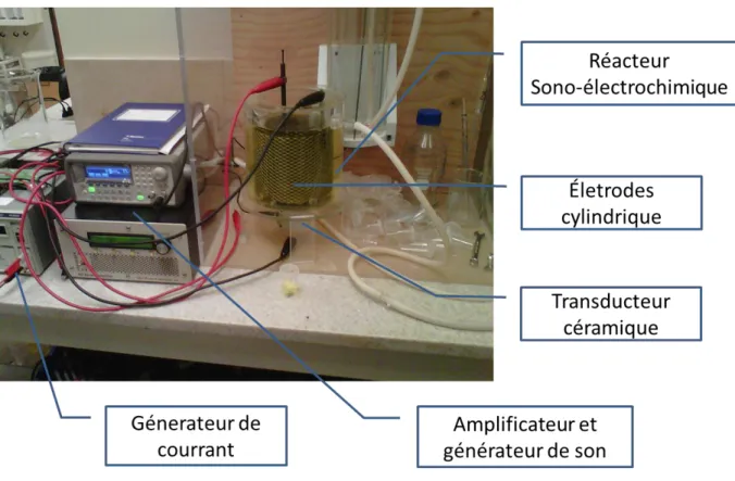 Figure 1. 7  Photo de réacteur sono-électrolytique (cellule C2) et  de l’unité expérimentale 