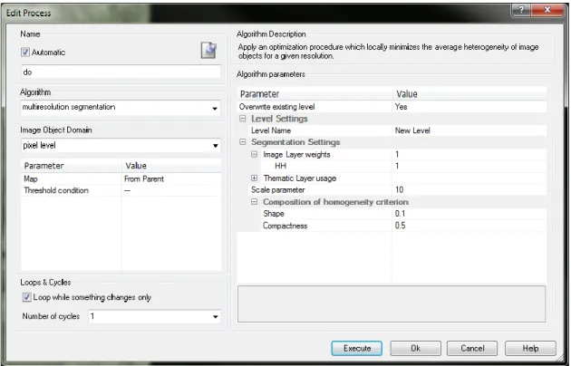 Figure 3.4: Boite de dialogue de l’algorithme de segmentation Multi-résolution d’eCognition Developer 8 