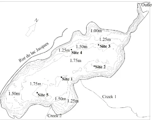 Figure  2.1.1  The  morphometry  and  bathymetry  of  Lake  Jacques.  The  thermistor  chain  was  positioned at site 1 and ebullition funnels at sites 1-4 (2011) and 1-5 (2012)