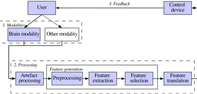 Figure 2.1: Structure of a standard hBCI. This functional model is inspired by [26] and [24].