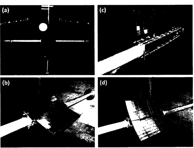 Figure 3 3 Sectional wind tunnel test of half of the parabolic structure (a) overall set- set-up, (b) additional stiffening for the back-up structure; (c) model with the original plastic  surface, (d) model with aluminum foil on its surface 
