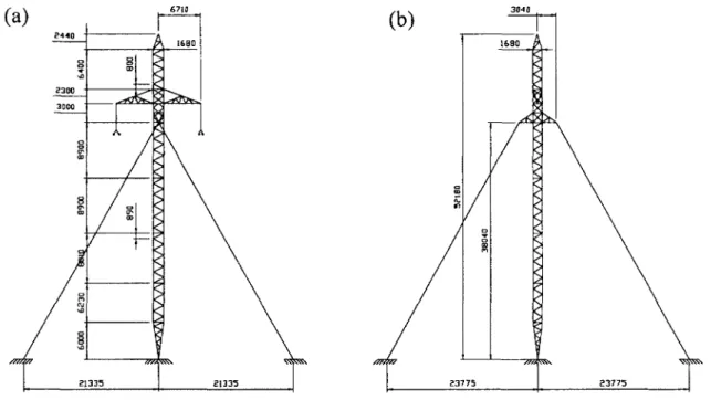 Figure 4.2: Geometry of the guyed lattice tower: (a) transverse view; (b) longitudinal  view