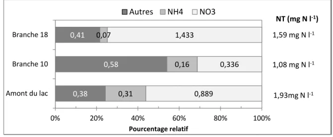 Figure 24 : Concentration et pourcentage relatif des différentes formes d’azote analysées dans les échantillons  collectés le 27 août (temps sec) versus la concentration en NT