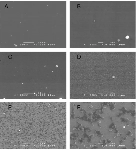 Figure 14 : Images MEB prises sur des films de PdCu déposés à 10 -5  Torr (A, B), 300 mTorr (C, D) et 500  mTorr (E, F)