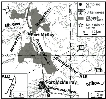 Figure 1 :  Map  of the study area (Northern Alberta, Canada) showing the locations of ALD (N57.07° W- W-110.82°) and ALE (N56.88° W-110.57°)