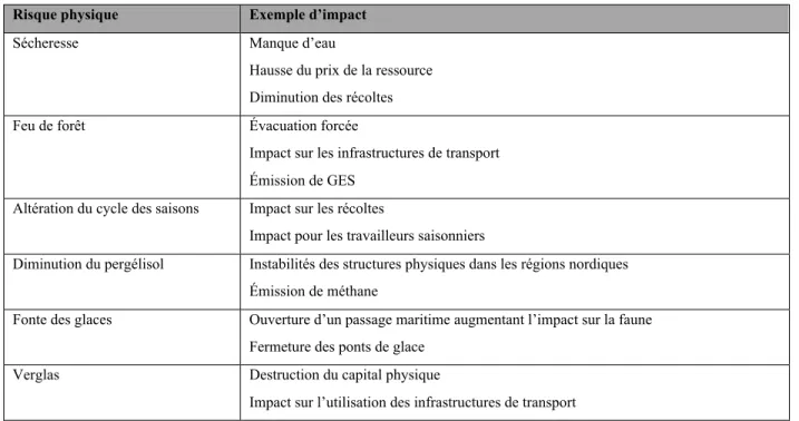 Tableau 1.2   Risques physique et exemples d'impacts (suite) 