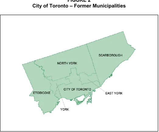 Figure 2 shows the composition of the City of Toronto with the former municipalities of Toronto,  North York, York, East York, Scarborough, and Etobicoke that were amalgamated in 1998