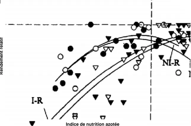 Figure 7  Relation entre le rendement relatif et l’indice de nutrition azotée de deux cultivars  de  pomme  de  terre  (R :  Russet  Burbank ;  S :  Shepody)  avec  irrigation  (I)  et  sans  irrigation (NI) (modifié de Bélanger et al., 2001)