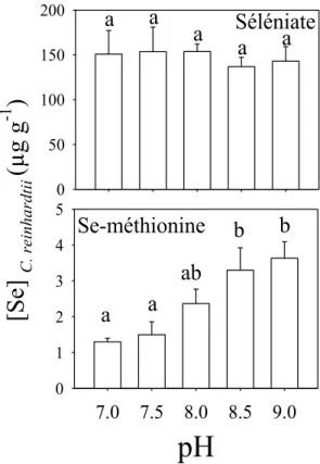 Figure 2.6 : Concentration de Se chez Chlamydomonas reinhardtii (µg  g -1   PS;  ±  ET)  exposé  à  63  nM  de  séléniate  (panneau  A)  ou  de  sélénométhionine  (panneau  B)  à  différents  pH  et  sans  sulfate