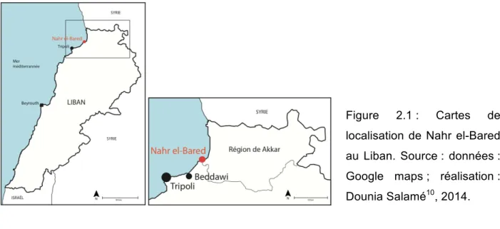 Figure  2.1 :  Cartes  de  localisation de Nahr el-Bared  au  Liban.  Source :  données :  Google  maps ;  réalisation :  Dounia Salamé 10 , 2014