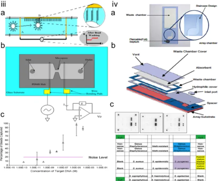 Figure 2.2  Microfluidic  microarrays  for  bacteria  pathogenic  detection  based  on  various  driving forces (i) Microfluidic microarray using active pump for injecting samples
