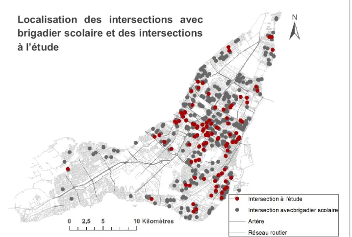 Figure 3.12: Carte de localisation des intersections avec brigadiers scolaires   et des intersections à l'étude (N=498) 