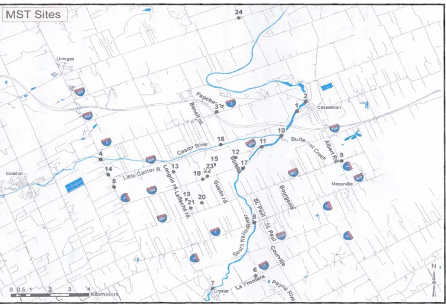 Figure 3.1  :  Carte des  sites  MST («microbial  source tracking>> ) d 'échantillonnage  pour les  prélèvements servant  à  la q uantification  de Campylobacter  spp