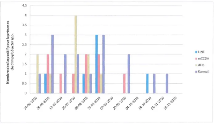 Figure  4.2 :  Comparaison  entre  différents  m ilieux  de culture  utilisés  avec  la  technique  d'ensemencement  direct pour la récupération de Campylobacter spp en 2010
