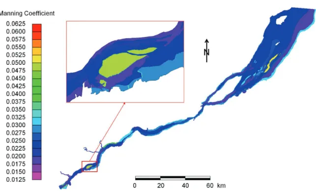 Figure 1.2.4  Coefficients de Manning dans l’estuaire fluvial du Saint-Laurent, basés sur une description  du substrat et des macrophytes, avec zoom sur le haut-fond de Gentilly (Bécancour)