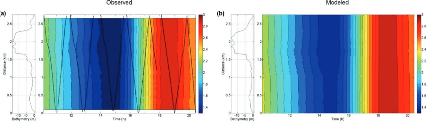 Figure 1.3.13  (a) Niveaux d’eau observés et (b) simulés (en m) à Grondines le 19 juin 2009, en fonction du  temps et de la distance le long de la section