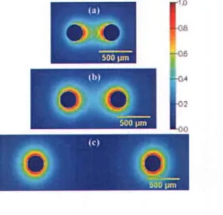 Fig. 3 Distribution du mode dans un guide d'ondes à deux fils pour des fils de des séparations  des fils de (a) 300 pm, (b) 500 pm et (c) 1500 pm.