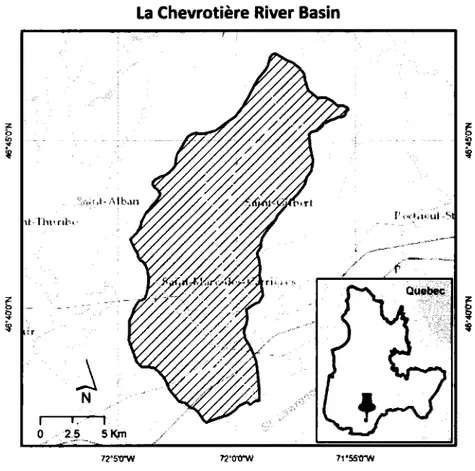 Figure 5.1: The study area, the La Chevrotière River basin (107 kmzl, located on the north shore of the St.
