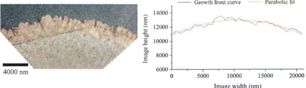 Figure 16.  Procedure applied for extraction of the RMS of the roughness  of the growth front during its propagation (400 ns delay image was used in this figure)