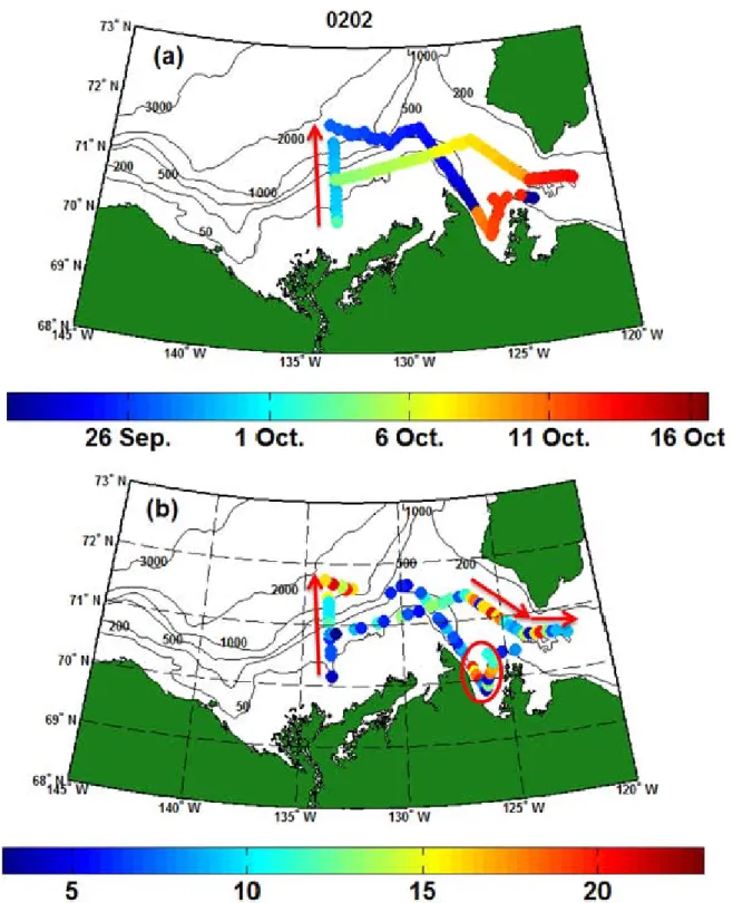 Figure 4.1: (a) Locations of the sampling stations as a function of time during CASES leg 0202