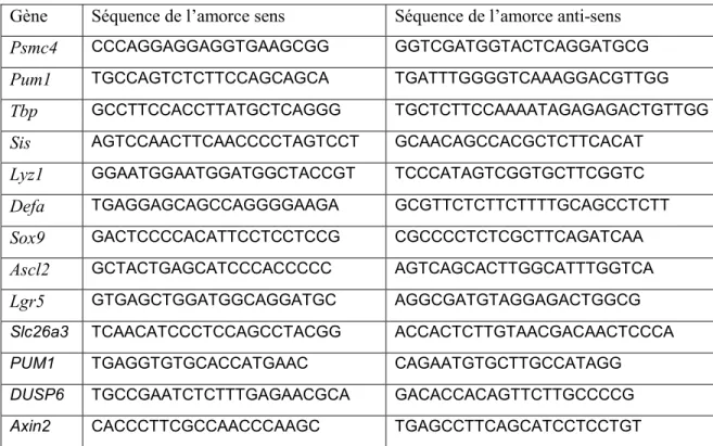 Tableau 3 Liste des amorces utilisées pour les analyses par PCR quantitatif  Gène  Séquence de l’amorce sens  Séquence de l’amorce anti-sens 