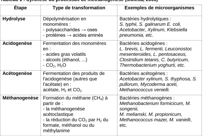 Tableau 1 : Synthèse du processus de méthanogenèse (Moletta, 2006) 