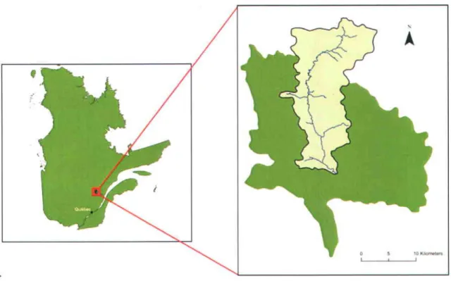 Figure  6 Localisation  géographique  du sous-bassin  vercant de la rivière Saint-Louis  (vert pâle) et du bassin vensant  de la rivière Valin (vert foncé)