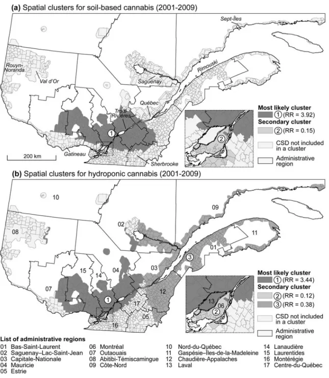 Figure 4.1 Spatial clusters identified by the Kulldorff statistic for both methods of cannabis  cultivation for the period including 2001 to 2009 (T all ) 