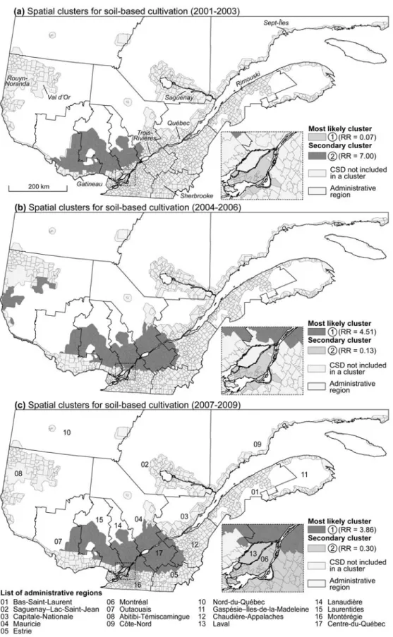 Figure 4.2  Spatial clusters identified by the Kulldorff statistic for soil-based cannabis cultivation  for the three subperiods (T 1 , T 2  and T 3 ) 