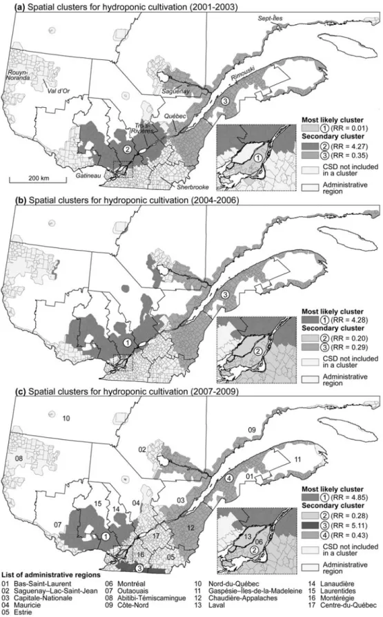Figure 4.3  Spatial clusters identified by the Kulldorff statistic for hydroponic cannabis cultivation  for the three subperiods (T 1 , T 2  and T 3 ) 