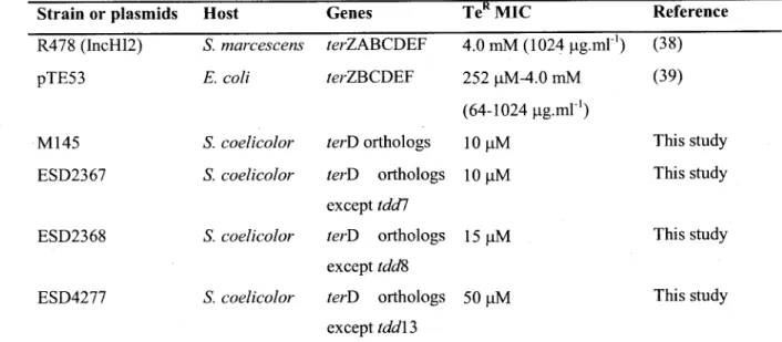 TABLE 4. K2TeO3 Minimal inhibitory concentration (MIC) for bacterial species carrying ter