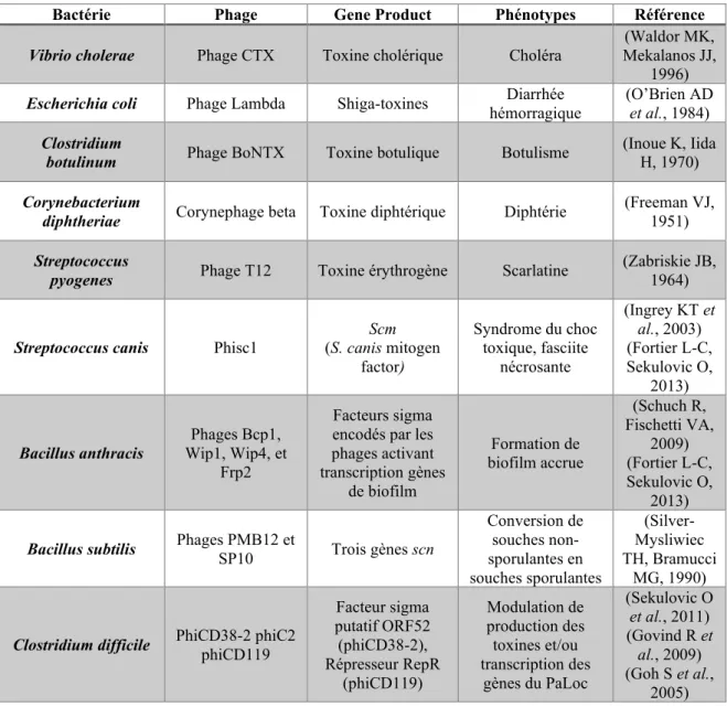 Tableau 3. Exemples de facteurs de virulence encodés par des prophages. 