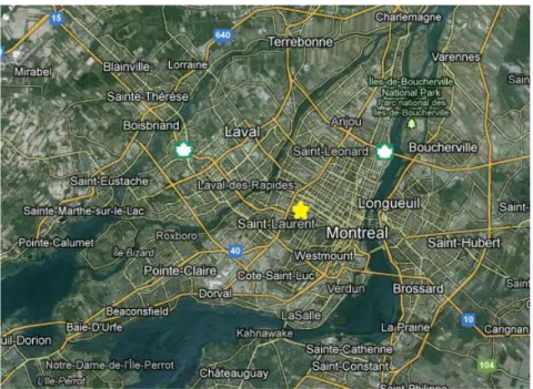 Figure 2 : Situation géographique de Parc-Extension (étoile) par la vue aérienne de l’île de  Montréal et de ses environs
