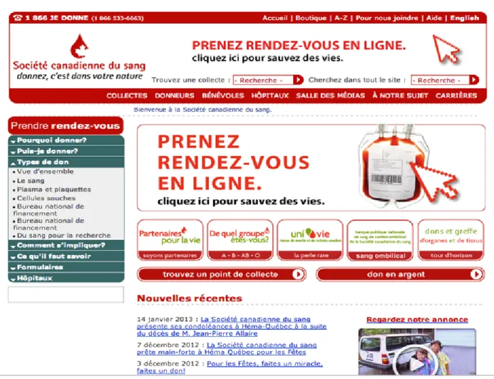 Figure 2.3 : Capture d'écran du site Internet de la SCS  (Source : http://www.blood.ca/) 