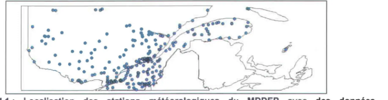 Figure  4.1:  Localisation  des  stations  météorologiques  du  MDDEP  avec  des  données  pluviométriques horaires disponibles pour le sud du Québec