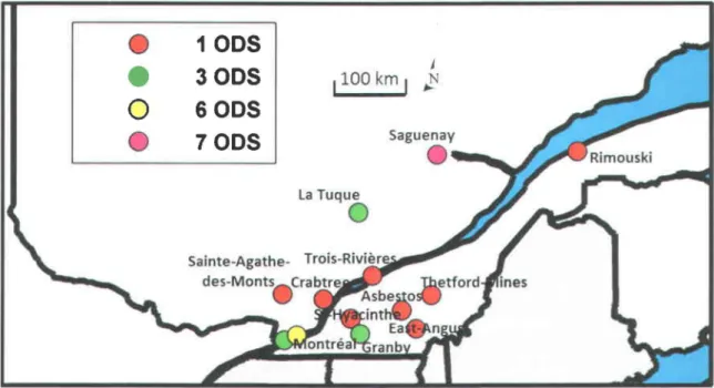 Figure 4.2  : Localisation des ODS sélectionnés au sud du Québec. La couleur des points  représente le nombre d'ODS sélectionnés situés dans la même localité