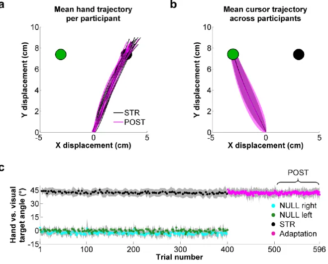 Figure 4.2 - Reach trajectories and hand vs. visual target angle at peak velocity. 