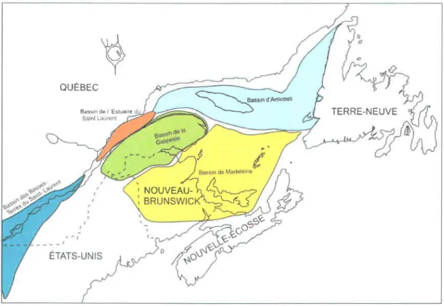 Figure 1.2: Sch6ma des bassins p6troliers pal6ozoiques  de I'Est du  Canada. Modifi6e de Bourque ef aL (2004) et de P6trolia (www.petroliagaz.com/).