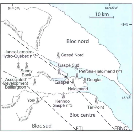 Figure 1.3 : Localisation  des puits 6tudi6s.  FBNO = Faille du Bras Nord-Ouest;  FTL = Faille du Troisiime Lac.