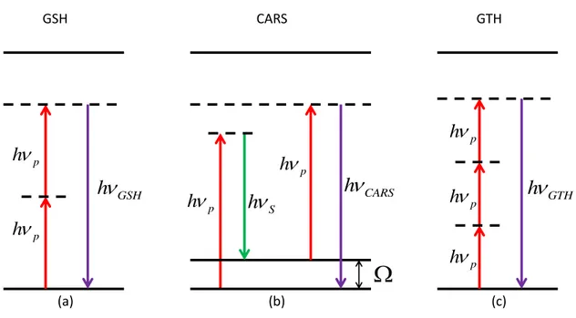 Figure 3.2  Diagramme de Jabloski (a) de la GSH (b) de la génération de signal CARS et (c) de la GTH.