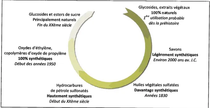Figure 4 cycle des surfactants naturels et synthétiques dans l’histoire. Tiré de Hargreaves (2003)Glucosides et esters de sucre