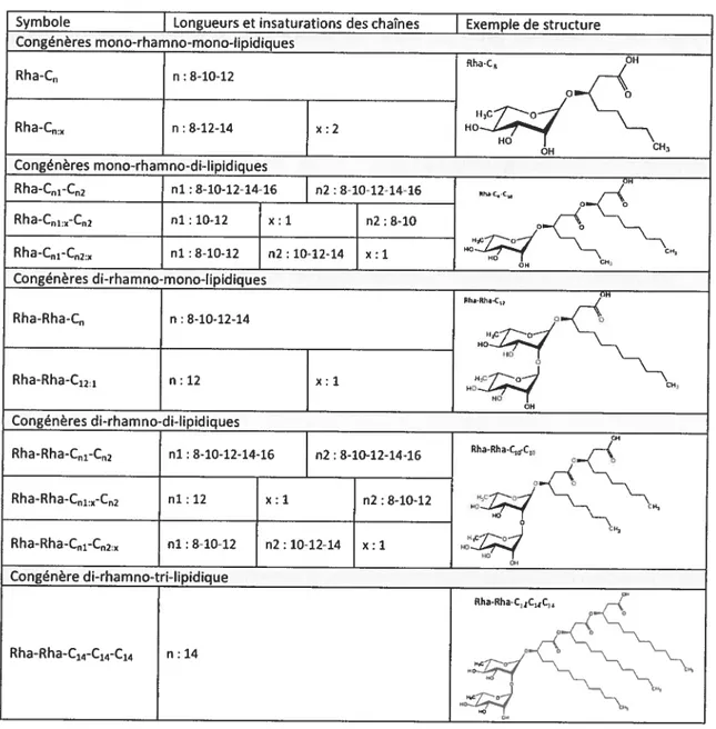 Tableau 3 : Les différents congénères de rhamnolipides déjà rapportés dans la littérature, n : le nombre de carbones dans la chaîne d’acide gras considérée; x : le nombre d’insaturations dans la chaîne d’acide gras considérée