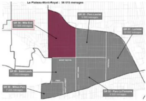 Figure 4.5: Carte de l'arrondissement du Plateau-Mont-Royal et ses quartiers de référence (QR34 en rose)  Source : Adaptation de Ville de Montréal (2009a) 