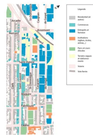 Figure 4.13: Implantation des bâtiments  Figure 4.14: Utilisation du sol 19 Source : Adaptation du Plan d’utilisation du sol (Ville de Montréal 2002) 