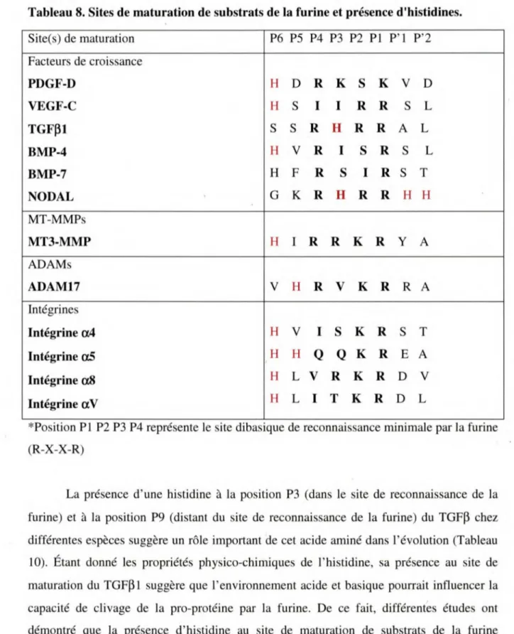 Tableau 8. Sites de maturation de substrats de la furine et présence d'histidines. 