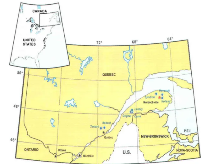 Figure 2.1  : Localisation  géographique des lacs étudiés dans la province de Québec (figure modifiée de celle  de  Couture et al